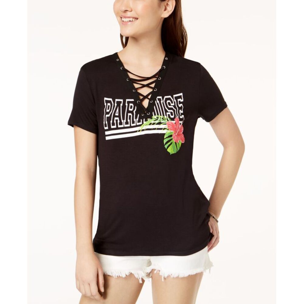 Pretty Rebellious Juniors Lace Up Graphic T-Shirt